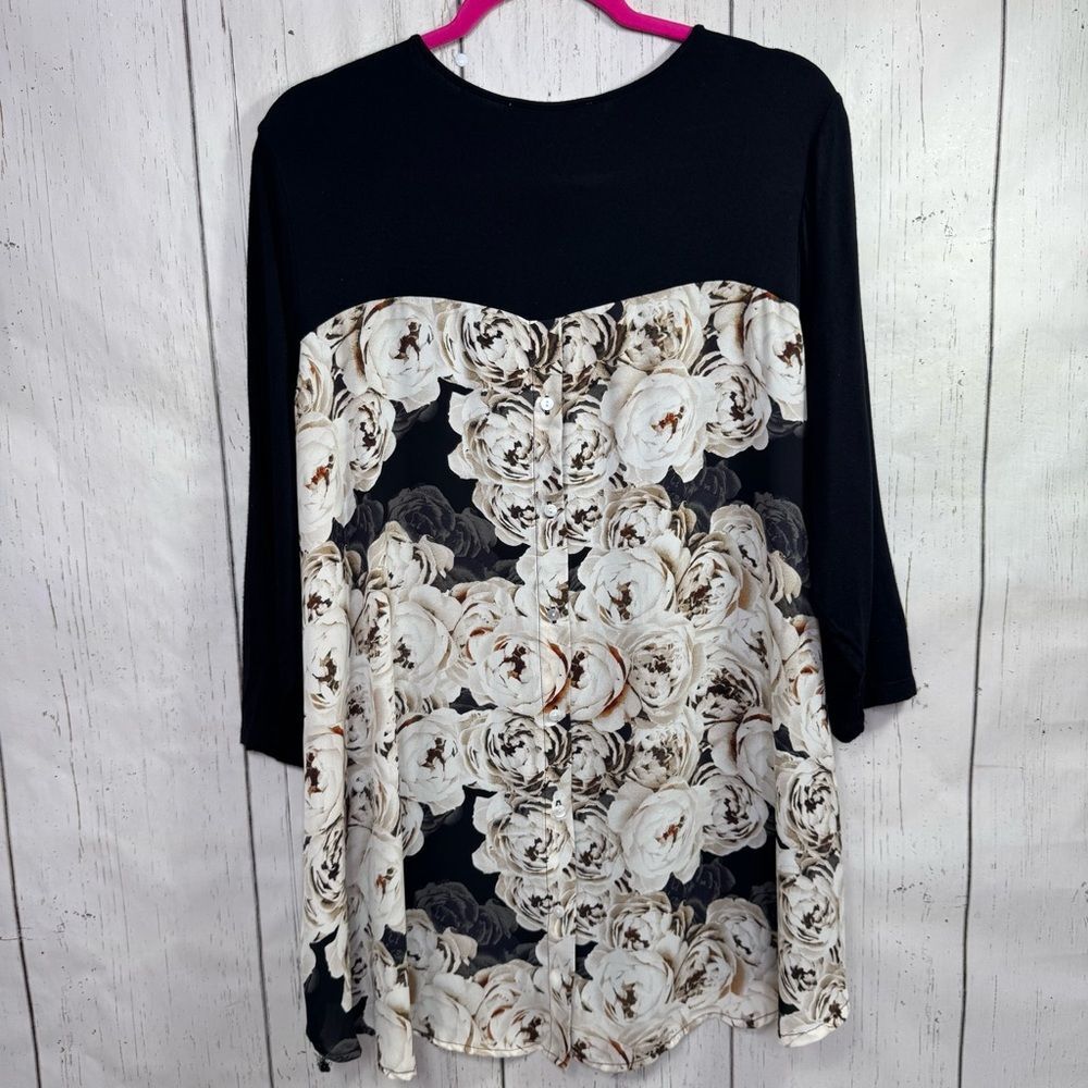 Rose + Olive Black Tunic Top 1X Sheer Floral Back Panel Stretchy Romantic Chic
